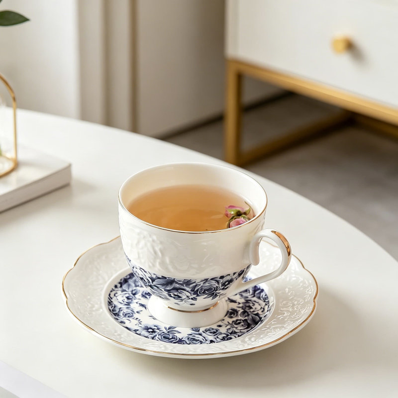 Ensemble de tasses à thé et soucoupes en porcelaine fine gaufrée Interglio, ensemble de 3 tasses à café de style rétro pour femme, cadeau de mariage, rose ciel étoilé