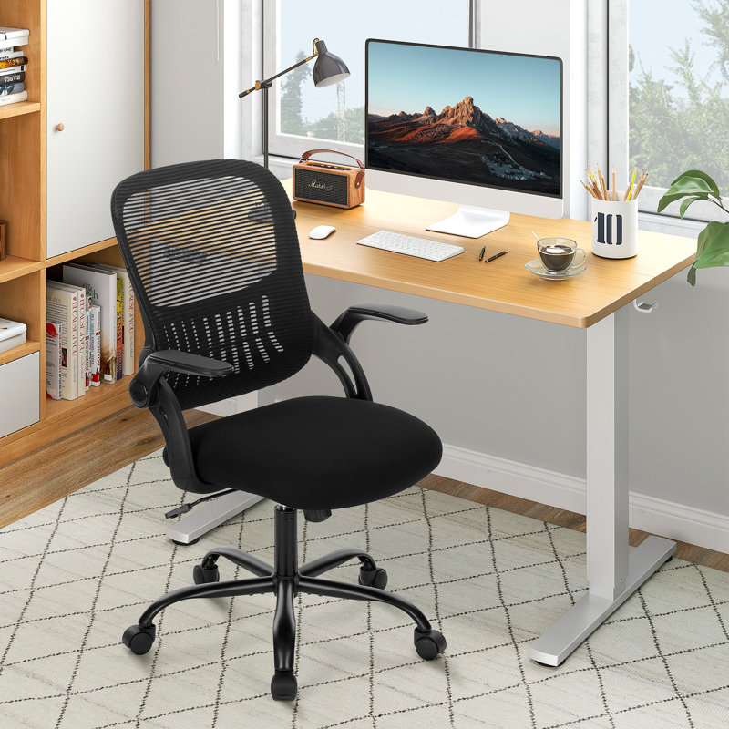 Ensemble de bureau Ovidia: bureau debout électrique et chaise de bureau en filet, Chêne