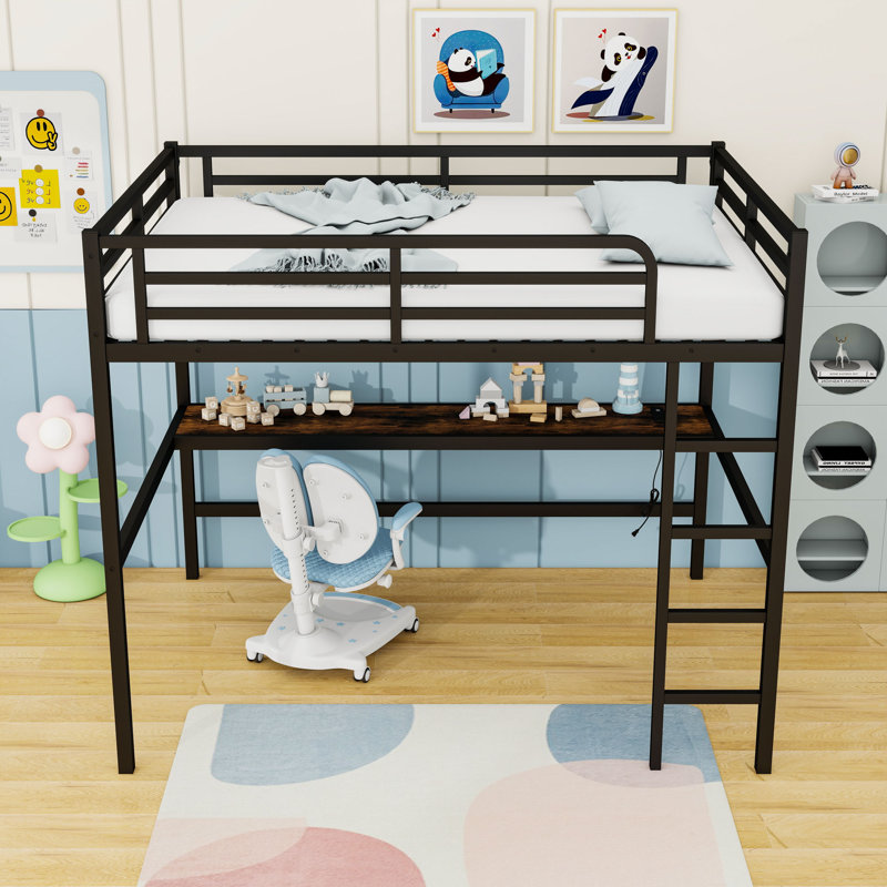 Queen-Size Metal Loft Bed With Built-In Desk, USB Charging, And LED Lighting