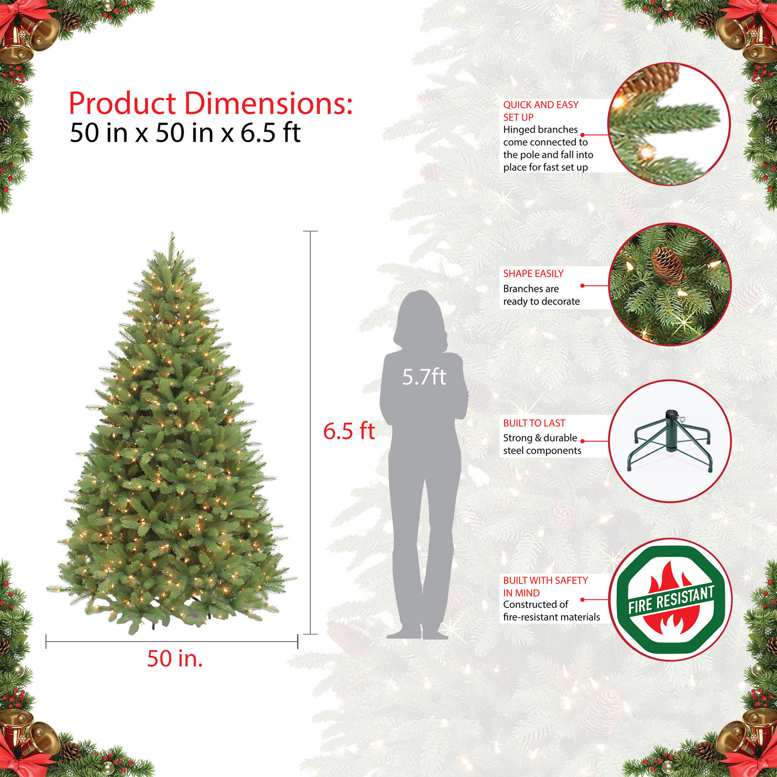 Lighted Artificial Christmas Tree, 6.5' H