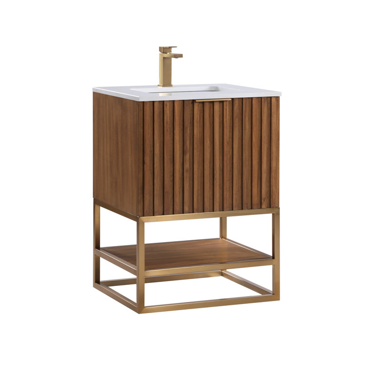 Terra 24'' Single Bathroom Vanity with Top, White Quartz/Single Faucet Mount, Satin Brass