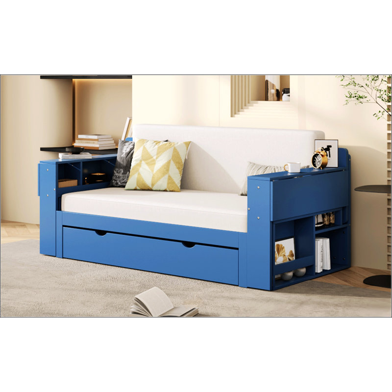 Lit de jour double avec bureau amovible, tiroirs de rangement et table d'appoint hydraulique pour des espaces de vie multifonctionnels
