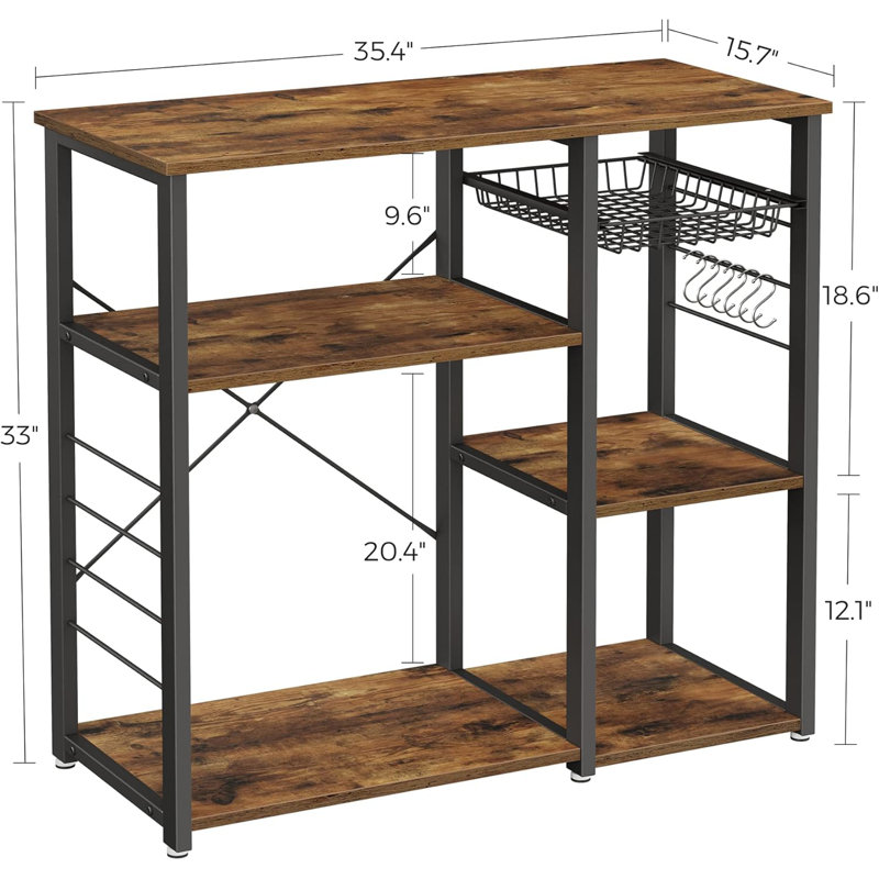 Rustic Brown Steel Frame Kitchen Baker's Rack with Hooks