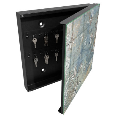 Decorative key box for wall, Opens to the left, 30x30x5, White, Flowers and leaves create peace and elegance, 