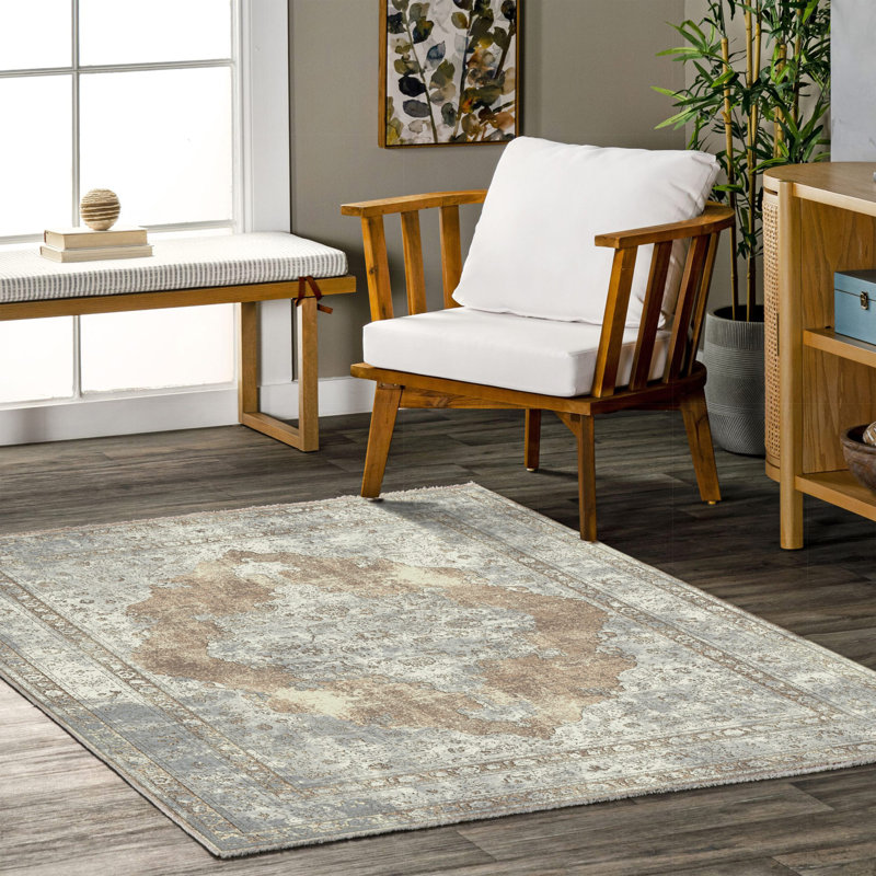 Pender Beige Cream Oriental Cotton Chenille Area Rug, Runner 5'3" x 11'6"