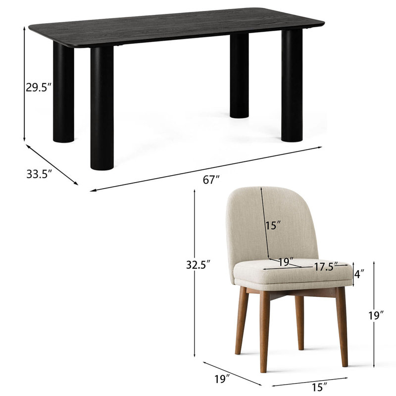 67" Wood Dining Table Set with 6 Upholstered Chairs, Beige