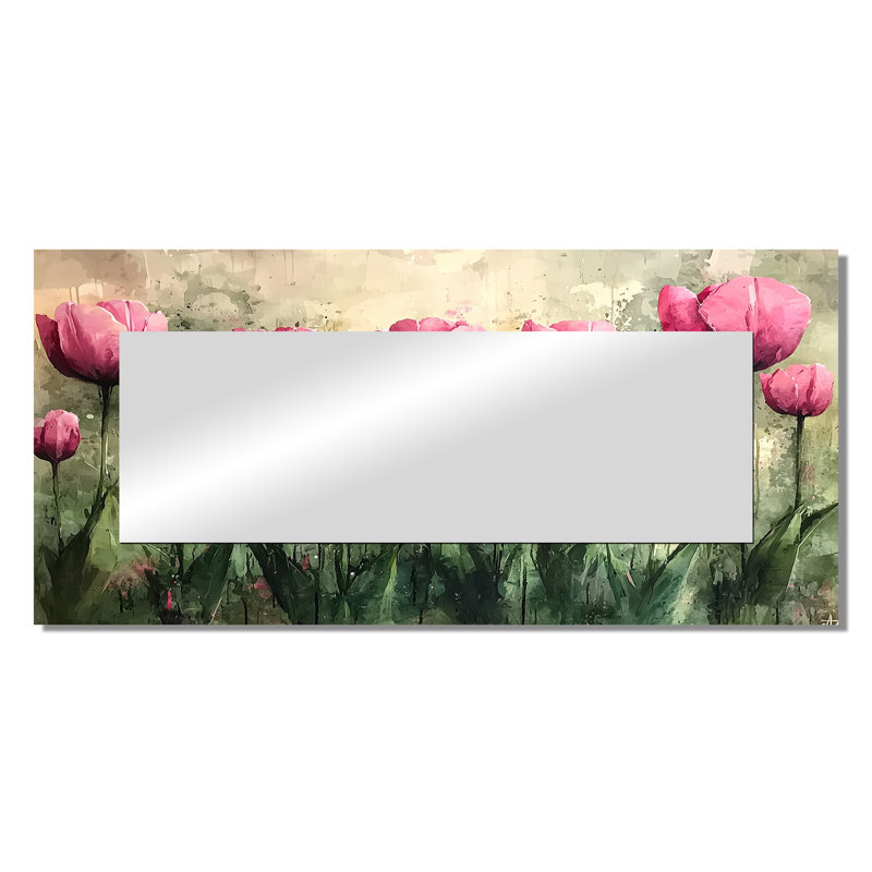 «Summer Pink Hues Tulips Field Horizon» - Art mural miroir décoratif floral - imprimé sur métal, 28 po x 60 po