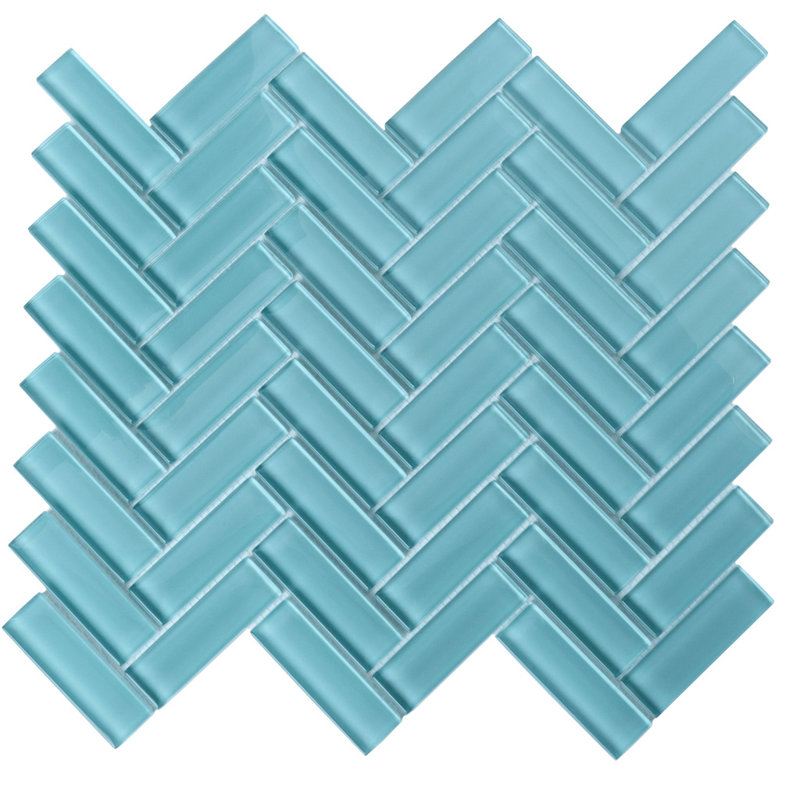 11"X 12.6" Herringbone Polished Glass Mosaic Tile, Light Blue
