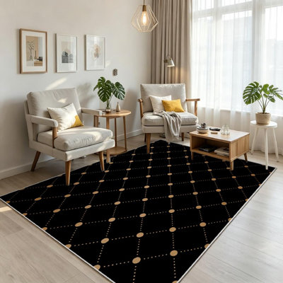 Gold Veil Black Art Geometric Abstract Backdrop Circle Creative Decor Machine Washable Indoor Area Rug