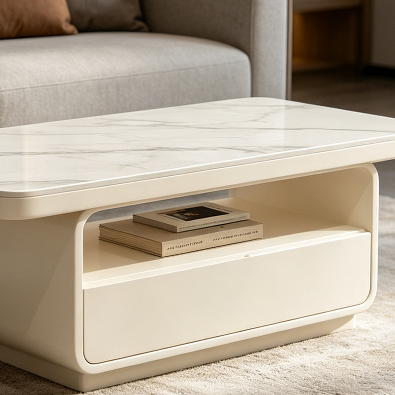 Table basse créative légère et luxueuse avec rangements multiples, H 17,71 po x l 47,24 po x P 23,62 po, Gris / crème