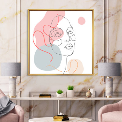 One Line Dessin of Young Woman in Pastel Tones - Photographie à cadre flottant sur toile