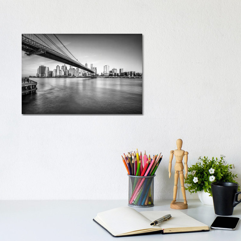 Brooklyn Bridge In Black And White by Jan Becke - Wrapped Canvas Print, 20.32 cm H x 30.48 cm W