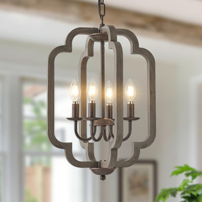 4-light Farmhouse Wooden Frame Lantern Cage Chandelier 