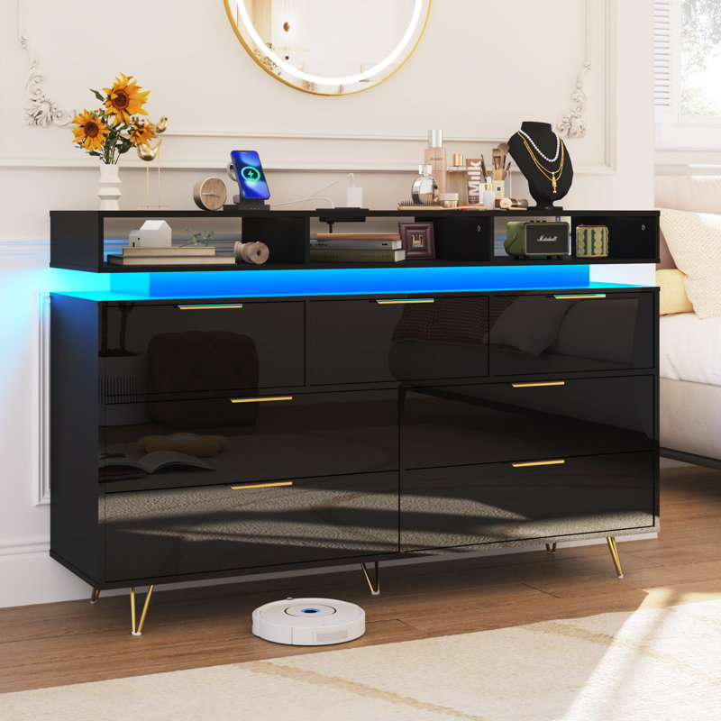 7 Drawer Dresser With Power Outlet And LED Light, Black