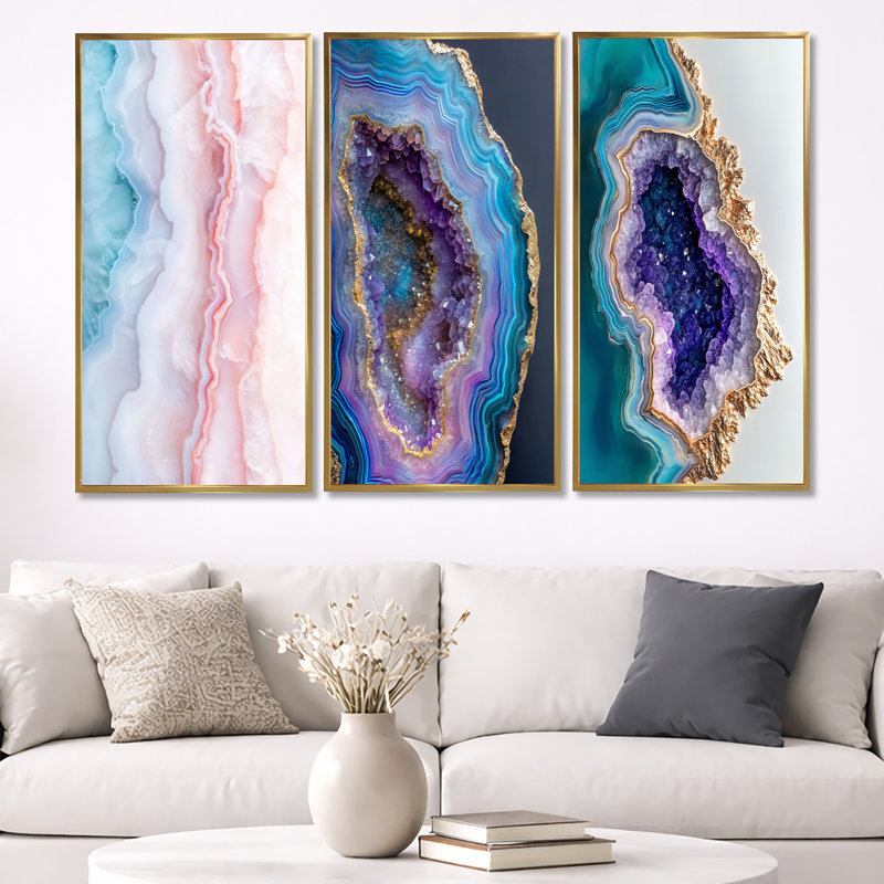 Agate Dream River II - ensemble de 3 reproductions sur toile encadrées Geode, Cadre flottant doré, H 32 po x l 48 po