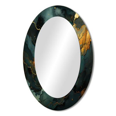 Gold And Green Abstract Marble Aura III - Large Oval Wall Mirror On Metal