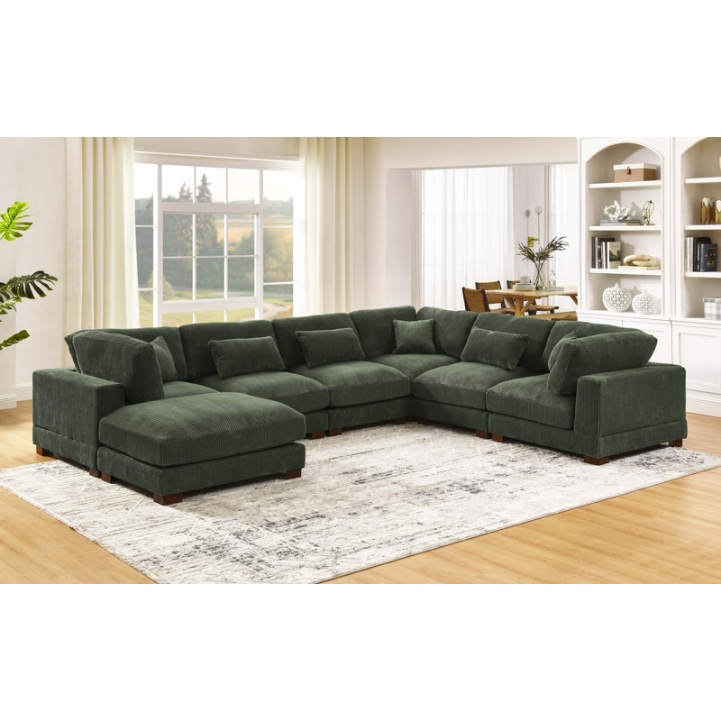 Arliz 7 - Piece 144" Wide Reversible Modular Corner Sectional with Ottoman, Hunter Green Corduroy
