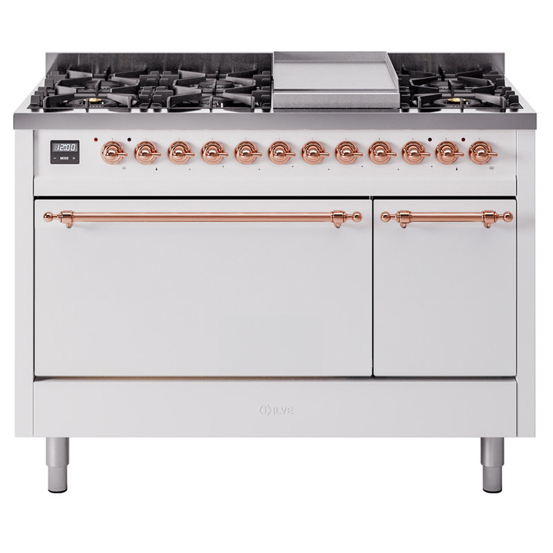 ILVE Nostalgie II, cuisinière à double combustible de 48 po, 8 brûleurs, plaque chauffante, Propane liquide, Blanc / Cuivre