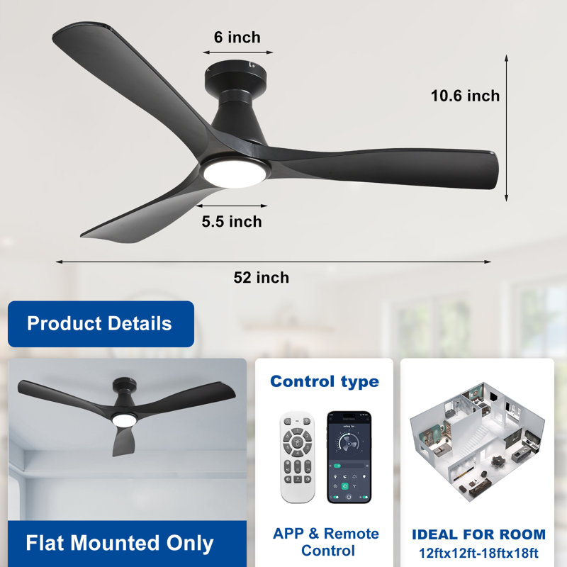 52 Inch Black 3 Blade Flush Mount Low Profile Ceiling Fan with Lights and Remote, Dimmable Indoor Outdoor Fan with Remote APP Control Quiet DC Motor Timer