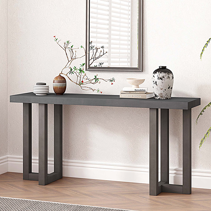 Geometric Design Console Table with Solid Pine Legs, Dark Gray/Light Gray