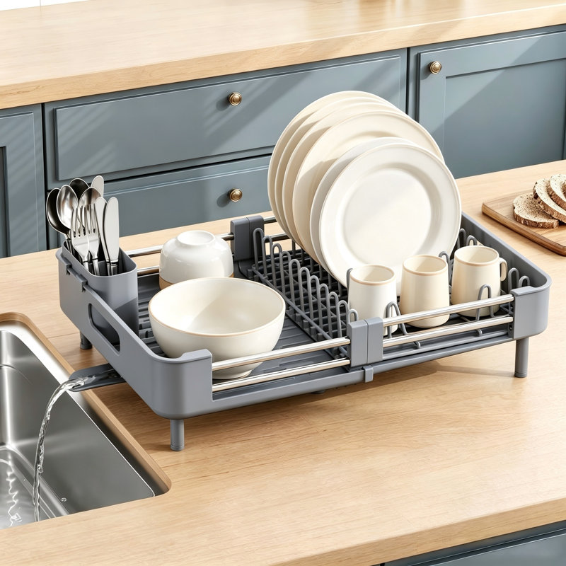 Expandable Dish Drying Rack with Cutlery & Cup Holder, Gray