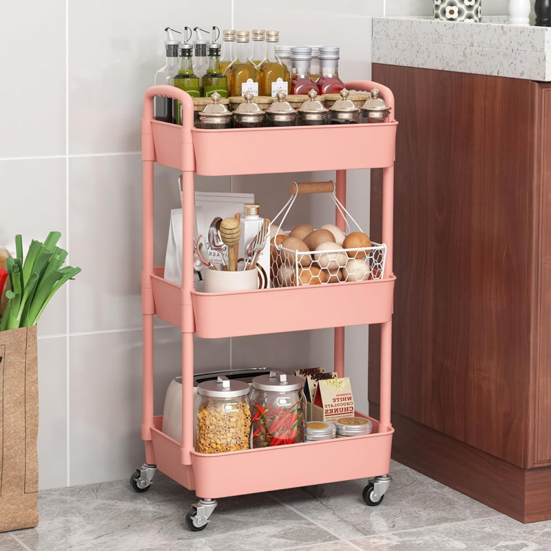 Plastic Rolling Utility Cart with, Pink