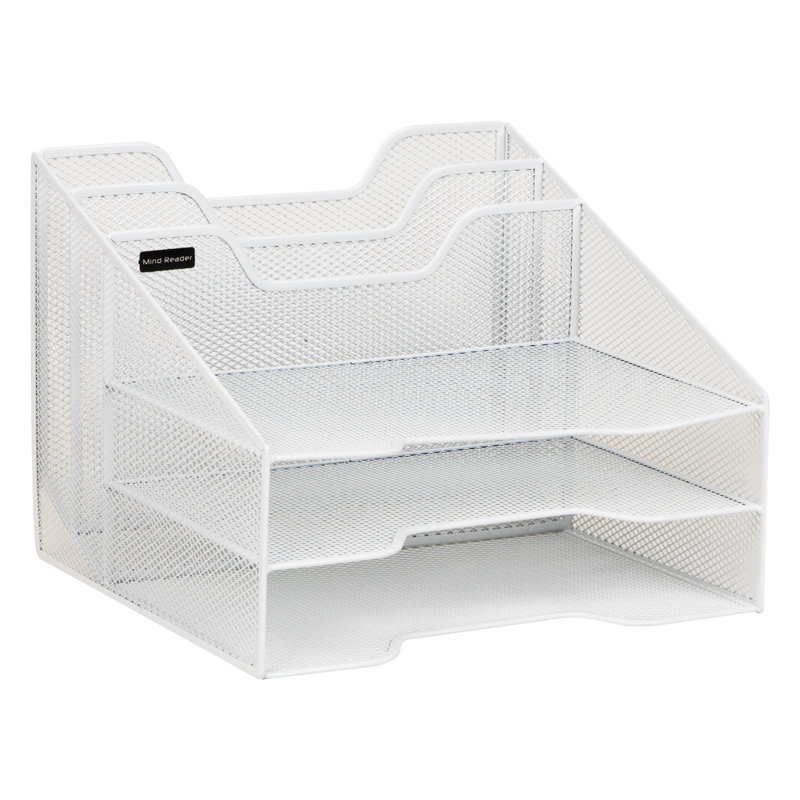 Mind Reader Metal Mesh Desktop File Organizer, 3-Tier Paper Tray with 5 Compartments, Office Mail Sorter, White, White