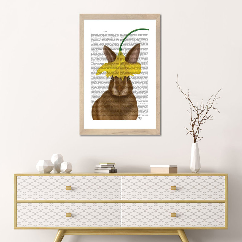 «Daffodil Rabbit Book» par Fab Funky - Reproduction d'art graphique, Papier avec cadre beige, Blanc