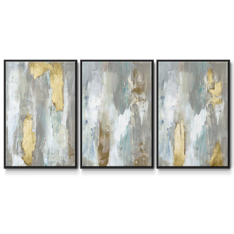Ensemble de 3 pièces texturées neutres et dorées I encadrées sur toile, H 36 po x l 72 po, Noir