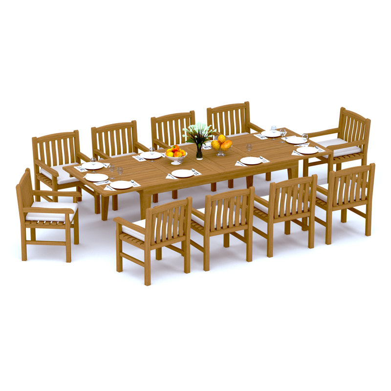 12 Seats 13 Pcs Grade-A Teak Wood Dining Set: 122" Caranas Double Extension Rectangle Table And 12 Devon Arm Chairs #11DV2912