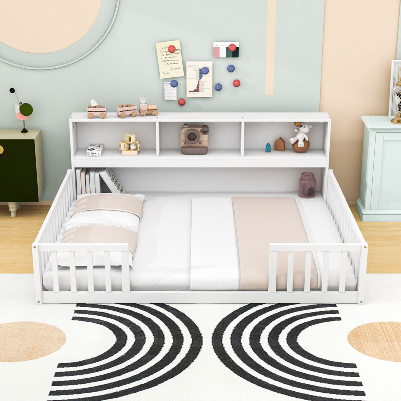 Wooden Floor Daybed With Integrated Full-Length Shelves And Guardrails, Full, White