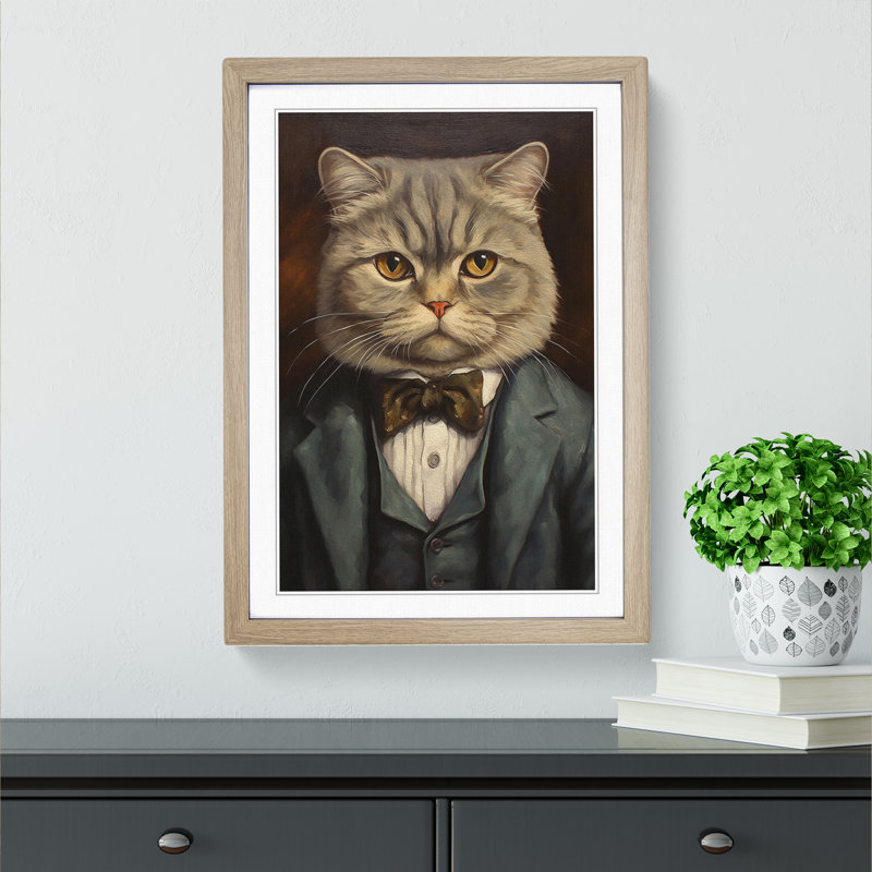 Cat In A Suit Painting No.5 - Single Picture Frame Print on Wood, 46cm H x 34cm W x 2cm D, Oak Framed