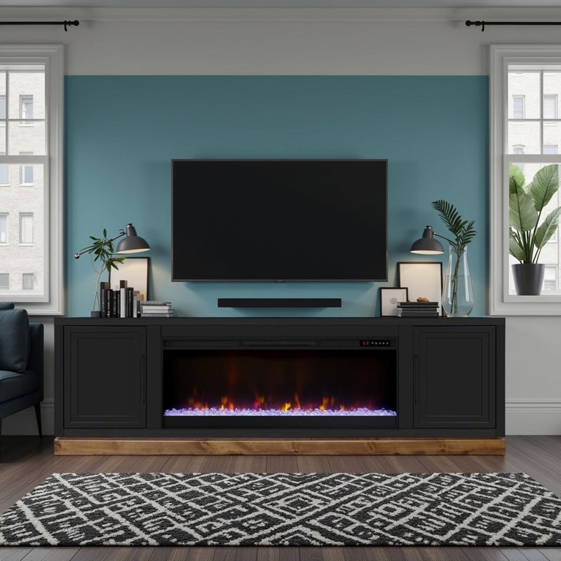 Katoria 81” Fireplace TV Stand with Painted Finish, Black, 27" H x 81" L x 17" W