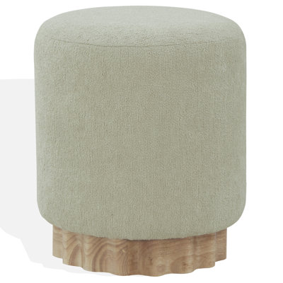 Willner Round Boucle Polyester Ottoman with Solid and Manufactured Wood Frame 