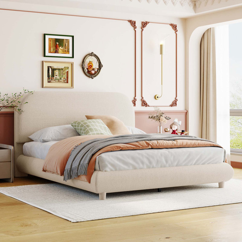 Lit plateforme en tissu d'ameublement Teddy, Beige, Double