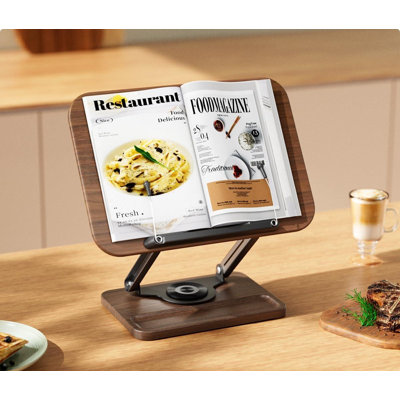 Book Stand for Reading, Book Holder 360° Rotating Base with Pen Slot, Foldable Reading Display Stand with Elastic Page Clips for Cookbook, Recipe, Textbook, Tablet, Laptop