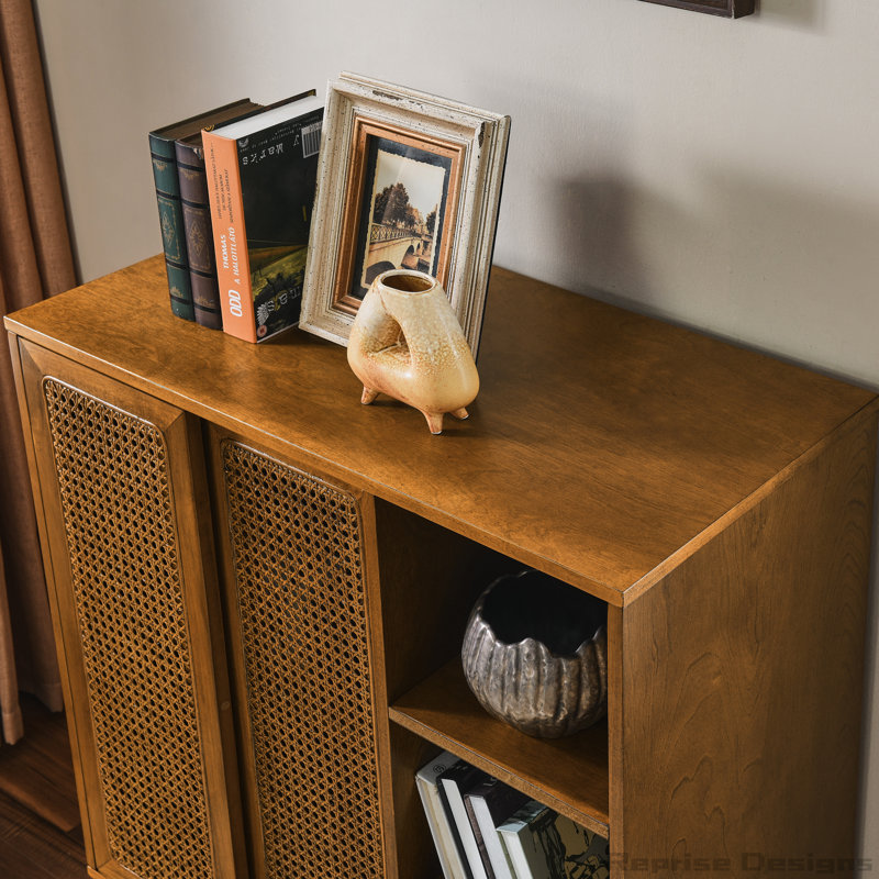 Light Walnut Rattan Sideboard Cabinet with Solid Wood Feet