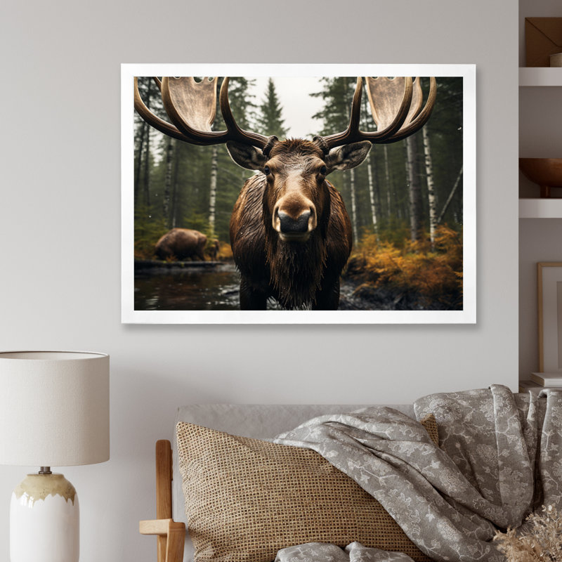 «Brown Yellow Moose Majestic», reproduction sur toile, H 16 po x l 32 po x P 1 po, Cadre simple blanc