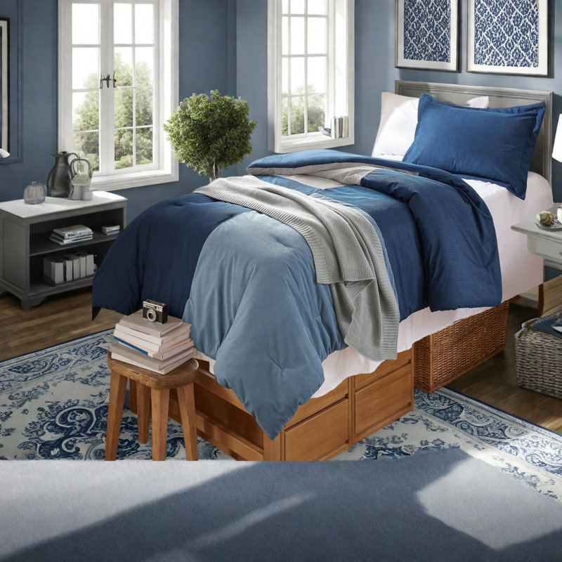 Modern Blue Bedding Sets, Twin XL Polyester Corduroy for Dorm Home