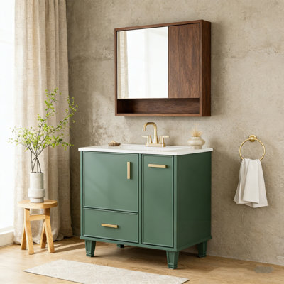 Meuble-lavabo de salle de bain avec lavabo, panier coulissant à 2 niveaux et poignées en métal