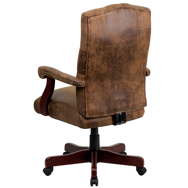 Rustic Brown Leather Executive Swivel Office Chair with Arms