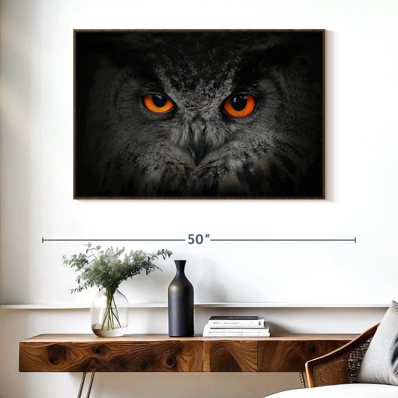 Hibou gris envoûtant, 40 po x 27 po, Cadre flottant noyer