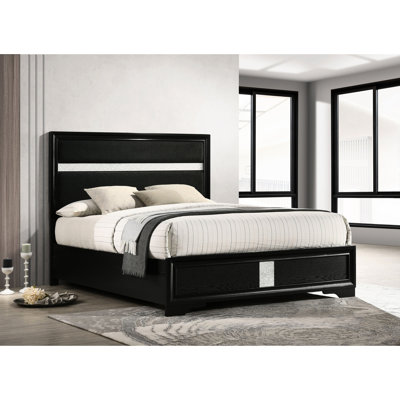 Lit à panneau tapissier contemporain pour grand lit, finition noire, rayure étincelante sur la tête de lit, profil bas, grand lit contemporain, moderne et élégant, noir, garniture contrastante, base à lattes
