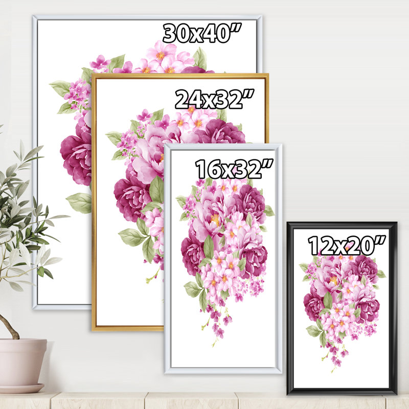 Fleurs roses rétro - peinture sur toile, H 32 po x l 16 po x P 1 po, Toile blanche encadrée