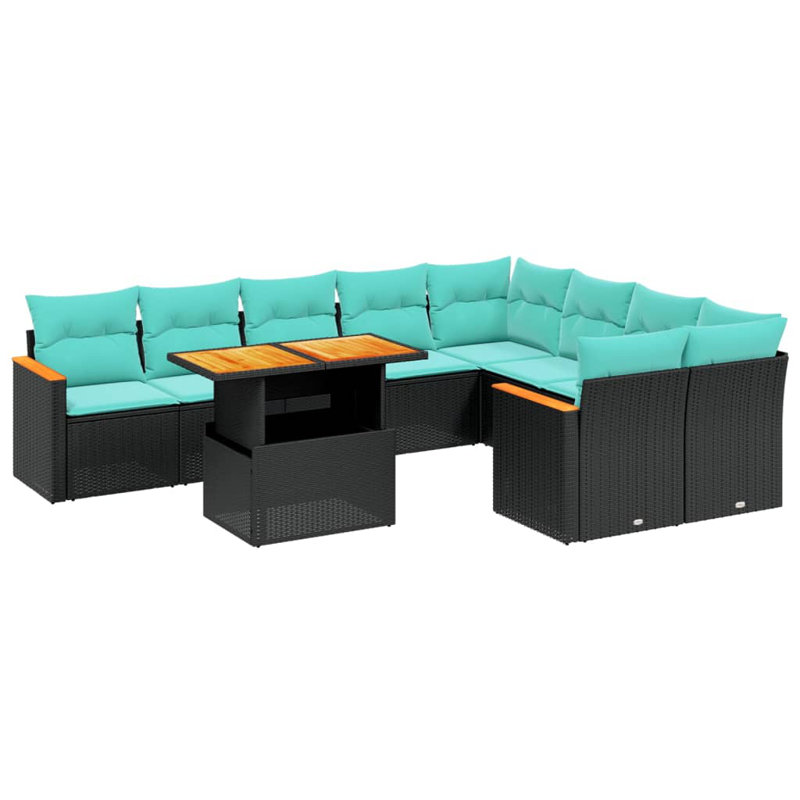  Ensemble de canapé de patio 10 pièces avec coussins en rotin de polyester, Noir, Vert