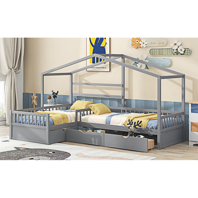 Lit plateforme House avec trois tiroirs de rangement, Gris