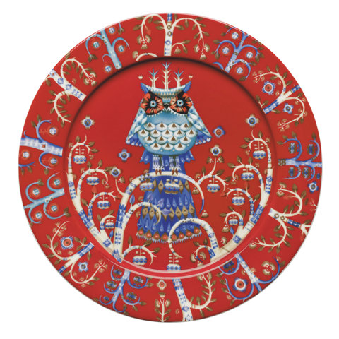 Red decorative plate with an owl design.