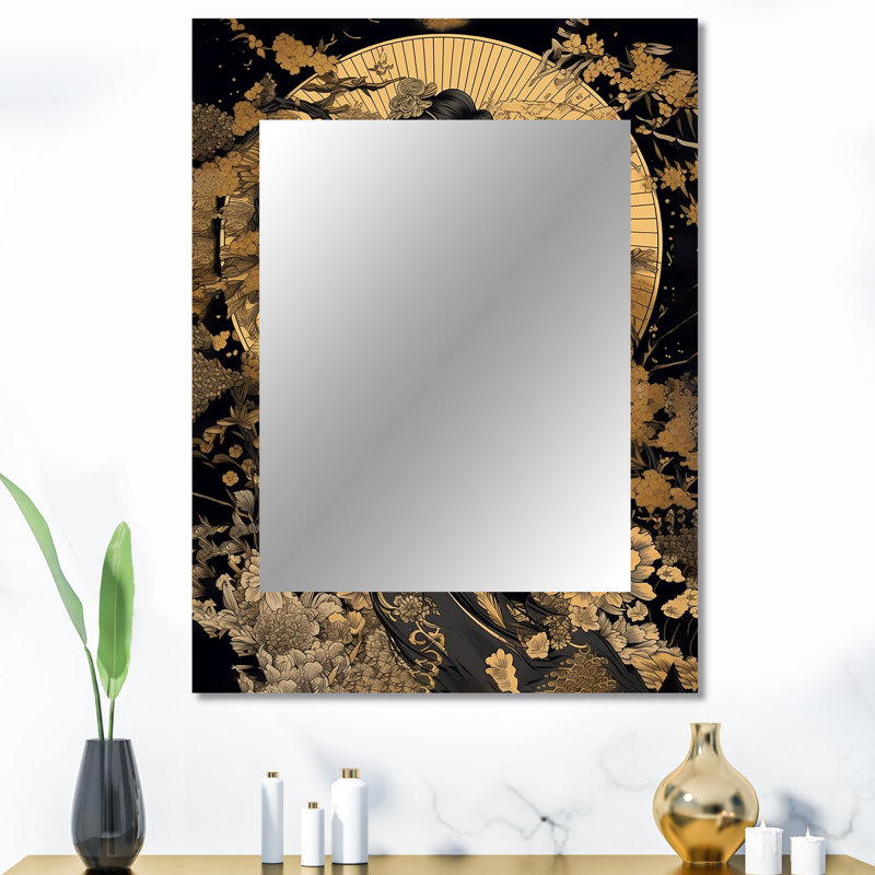 Elegant Japanese Woman I - miroir mural femme, miroir décoratif doré, impression d'art en métal, 40 po x 30 po