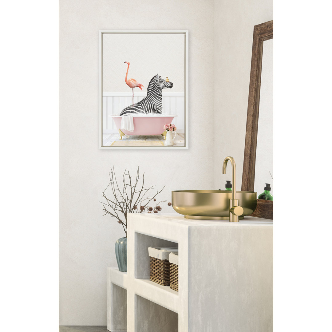 Zebra and Flamingo in Cottage Rose Bath by Amy Peterson Framed Canvas Wall Art Print Trinx Frame