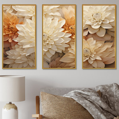 Minimalism Blooming Mums Painting In Beige & Gold - Mums Wall Art Print Set